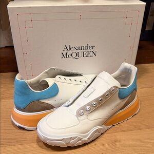 Alexander McQueen White and Blue Sneakers with Orange Sole BNWT